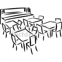 Black and white outline of a room with tables and chairs clipart.  Royalty-free clipart # 382902