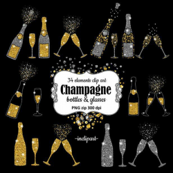 Champagne Clipart. Bottles & glasses glitter overlay clip ...