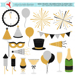 New Year\'s Celebration Clipart Set - fireworks, bunting ...