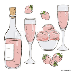 vector contour color rose champagne wine bottle glasses with ...