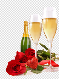 Glass beverage bottle with two wine glasses and roses ...
