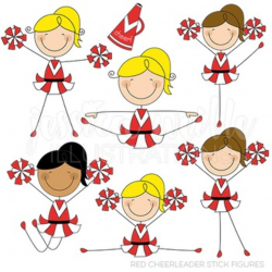 Red Cheerleader Stick Figures Cute Digital Clipart, Cheerleading Clip Art