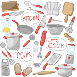 Kitchen tools cooking utensils clip art color icons Vector ...