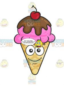 Scoop Of Ice Cream On Cone With Chocolate Syrup And Cherry On Top
