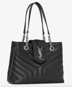 Saint Laurent Monogram Loulou Ysl Small Y Quilted Chevron Logo Crossbody  Shopper Black Leather Tote