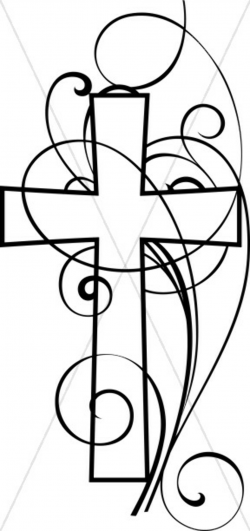 Cross And Swirls Black and White Christian Clipart | Cross Clipart