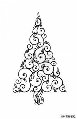 abstract Christmas tree illustration, hand drawn swirls and curls ...