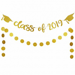 2019 Graduation Party Decorations,Gold Glittery Class of 2019 Banners and  Gold Glittery Circle Dots Garland- Graduation/Grad Party Decorations