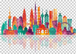 Asia Map Illustration, Colorful city building silhouettes ...