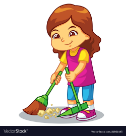 Girl clean up garbage with broom and dust pan