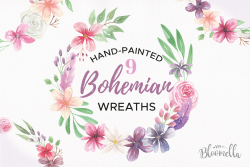 Watercolor Bohemian Clipart Wreaths Flowers Garlands Floral Pink Purple