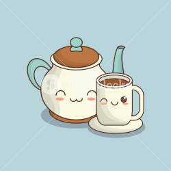kawaii tea pot and coffee cup over blue background, colorful design ...