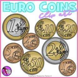 Euro Coins clip art: 1c, 2c, 5c, 10c, 20c, 50c, €1, €2