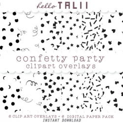 Black Confetti Party Clipart Overlays- 6 Transparent PNG + 6 JPG Digital  Papers-