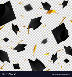 Graduate caps and confetti on a white background