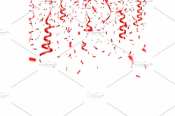 Christmas, Valentine s day red confetti with ribbon on transparent  background. Falling shiny confetti glitters. Festive party design elements.