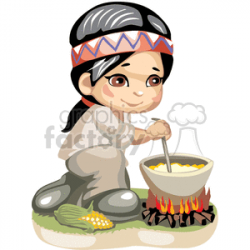Llittle native american boy cooking over a fire clipart. Royalty-free  clipart # 376223