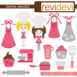 Clip Art Pink Grey kitchen (girl chef, baking, cooking) cute clipart