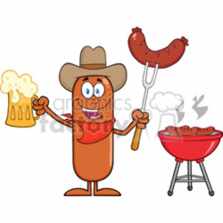 8460 Royalty Free RF Clipart Illustration Cowboy Sausage Cartoon Character  Holding A Beer And Weenie Next To BBQ Vector Illustration Isolated On White  ...