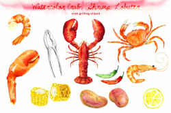 Watercolor Crab, Lobster, Shrimp