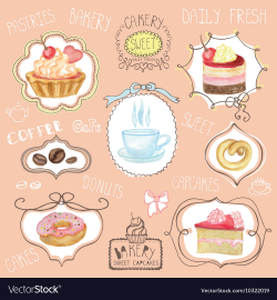Watercolor sweet cakes label setCafe logo