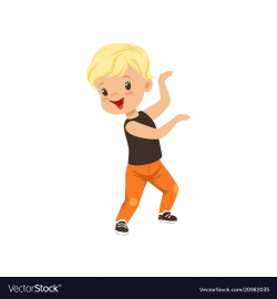 Cute blonde little boy dancing in casual clothes