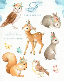 Happy Forest Watercolor Clip Art,Woodland Animals, Kids Clipart,Boho ...
