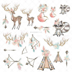 This Boho Clipart, Cute Boho Animals Clipart, Boho Fox, Racoon ...