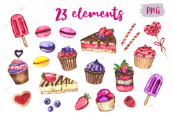 Desserts. Watercolor set. Clipart in Illustrations on Yellow ...