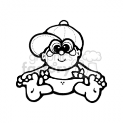 Black and White Little Baby Boy Sitting with a Diaper and A Ball Cap  clipart. Royalty-free clipart # 156550