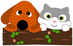 Clipart - A dog and a cat behind a tree trunk