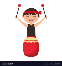 Funny cartoon chinese man standing with drum and