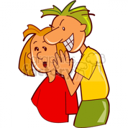 A evil looking boy whispering into a surprised girls ear clipart.  Royalty-free clipart # 155042