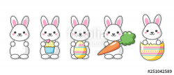 Set of cute kawaii Easter bunnies with carrot, sweet and egg ...