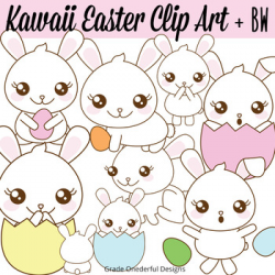 Easter Clipart: Bunnies in Eggs, Kawaii Easter, Color + BW, CU Okay