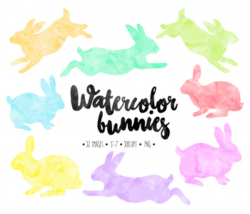 Pastel Watercolor Bunnies Clipart. Easter Bunny Clip Art Silhouettes - 32  PNGs.