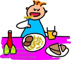 Clipart Image of A Hungry Little Boy Eating Burger And Chips ...