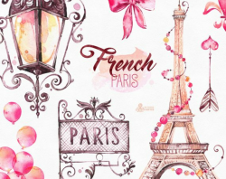 French Paris. Watercolor Clipart, shoes, fashion, bulldog, eiffel ...