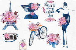Paris Watercolor clipart WATERCOLOR FLOWERS Eiffel tower clipart By ...