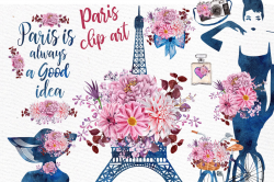 Paris Watercolor clipart WATERCOLOR FLOWERS Eiffel tower clipart By ...