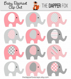 Pink and Grey Elephant Clip Art - INSTANT DOWNLOAD - Baby girl baby ...