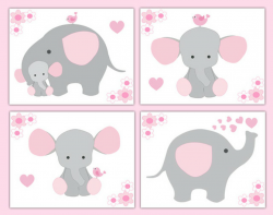 Elephant Nursery Prints Baby Girl Wall Art Print, Pink Gray, 11\