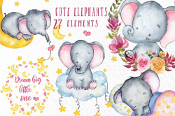 Cute Elephant clipart,WATERCOLOR ANIMALS, Baby shower clipat