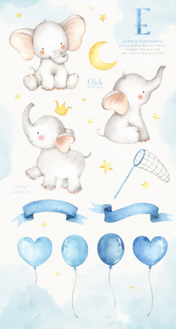 Lovely Elephants Watercolor Clip Art, Elephant Clipart, Moon ...