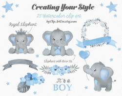 Watercolor Elephant clipart in blue and gray 25 different styles.