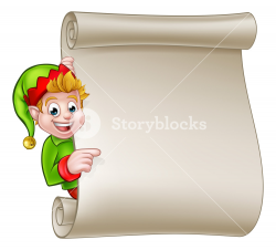 A cute cartoon Christmas elf boy peeking around scroll sign and ...