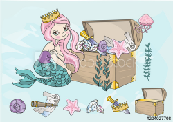 Fairy Clipart MERMAID TREASURES Color Vector Illustration Cartoon ...