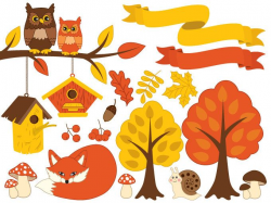 Autumn Clipart - Digital Vector Forest, Fox, Owl, Autumn, Tree ...