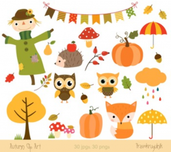 Autumn clipart set, Fall clipart, Harvest, Scarecrow, Fox, Hedgehog ...