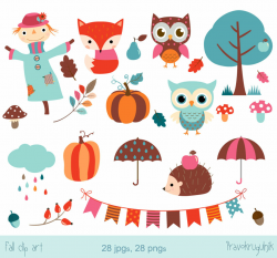 Fall clipart set, Autumn clip art, Scarecrow clipart, Hedgehog, Fox ...